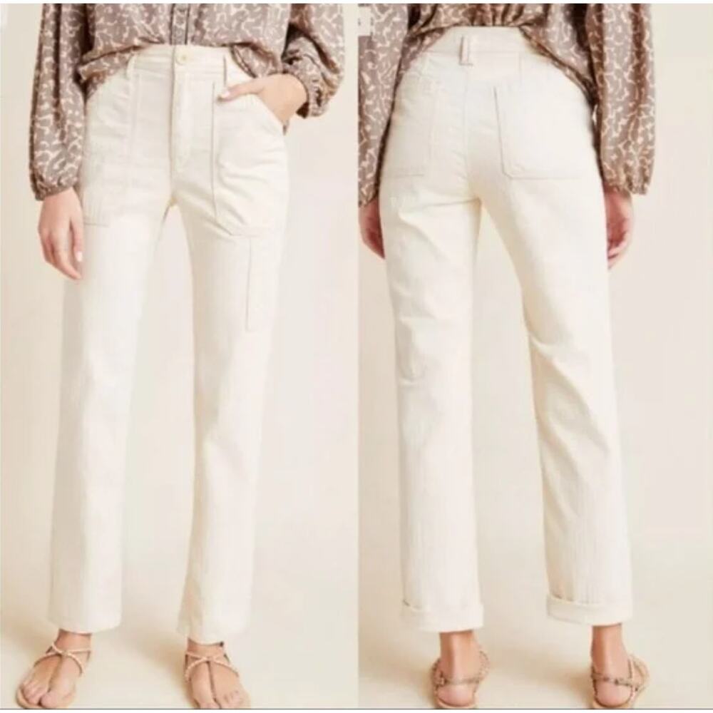 Anthropologie‎ 27 Ivory Cream Shadow Stripe Utility Carpenter Pants Khakis Patch